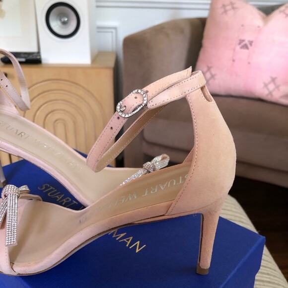 NWT Stuart Weitzman Nudist Bow with Crystals Suede Heels Size 7 - Picture 9 of 11